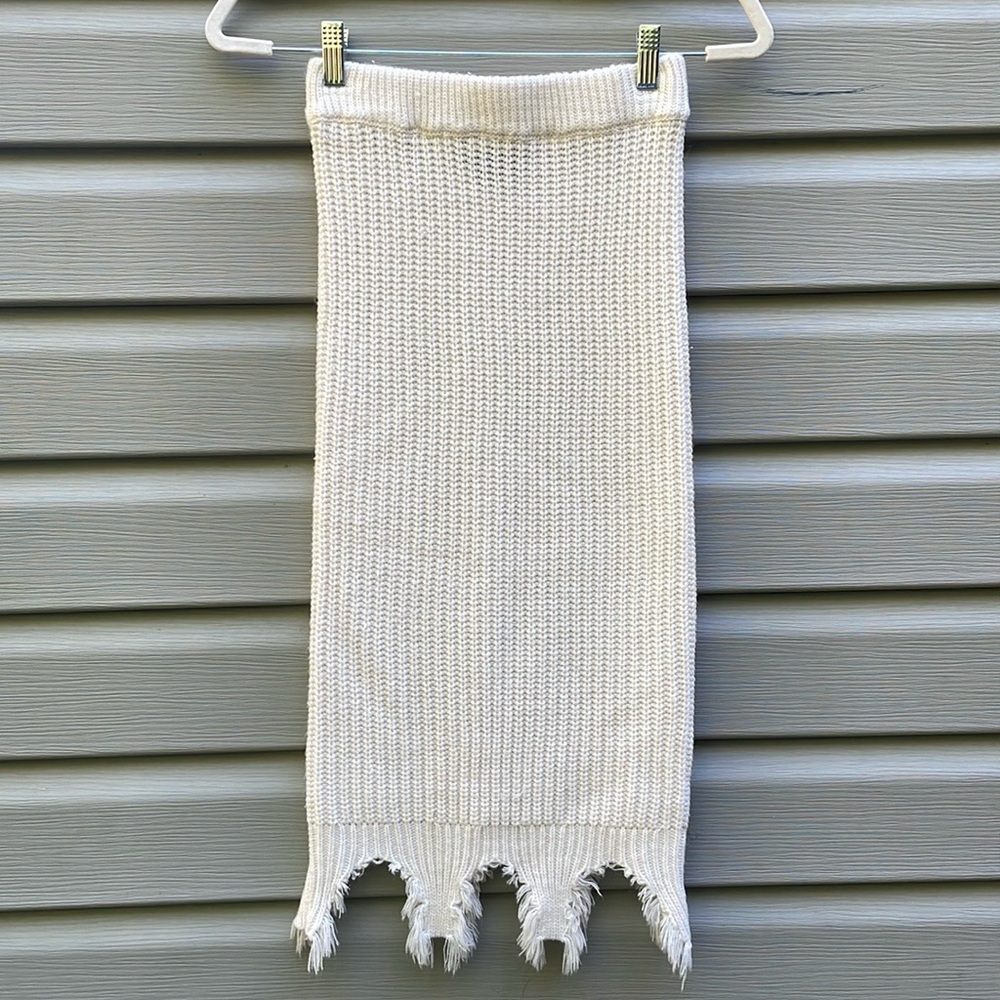Ivory Knit Distressed Hem Midi Skirt